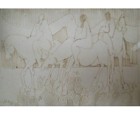 Geoffrey Key (Manchester, b. 1941) - 'Figures on horses within landscape'Sepia sketch, signed and dated (19)68, approx 23x34c