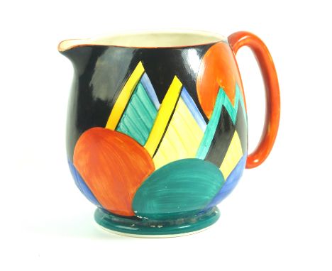 An Art Deco Grays pottery Susie Cooper jugOf bulbous form, hand-painted with vibrant colours and Art Deco symbols and shapes,