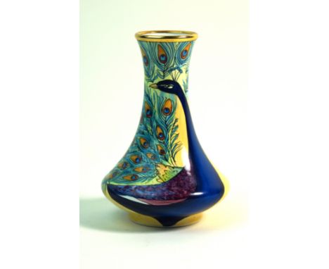 A modern Moorcroft enamel vase of baluster form with cylindrical neckDecorated in the 'Peacock' pattern, designed by Rachel B