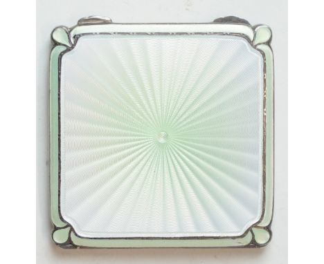 A George VI Art Deco hallmarked silver and enamel compact caseThe square cover having green and white enamelled decoration, m
