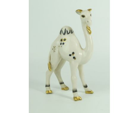 An Art Deco style Goebel model of a camel Decorated in black with gilt highlights depicting Art Deco motifs, blue mark to bas