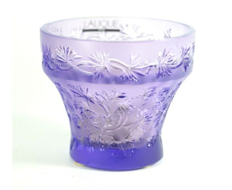 A Lalique France amethyst night lightOf tapering form, having incised decoration foliate, original paper label and signed to 
