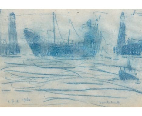 Attributed to Laurence Stephen Lowry RA (British, 1887-1976) - 'Trawler and Harbour Entrance' (Sunderland)Sketch, bears initi