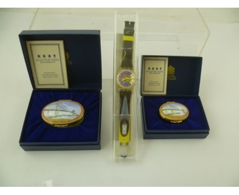 A SWATCH GK151F 1993 SOL EUROSTAR SPECIAL EDITION SWISS WATCH in original packet, together with TWO HALCYON DAYS ENAMEL BOXES