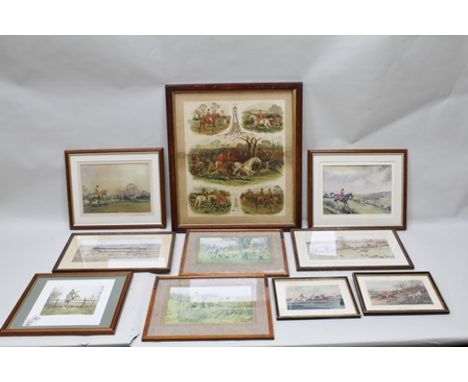 FOX HUNTING VIGNETTES, a late 19th century Chrono lithograph, 45cm x 38cm in stained wood glazed frame, together with TEN VAR