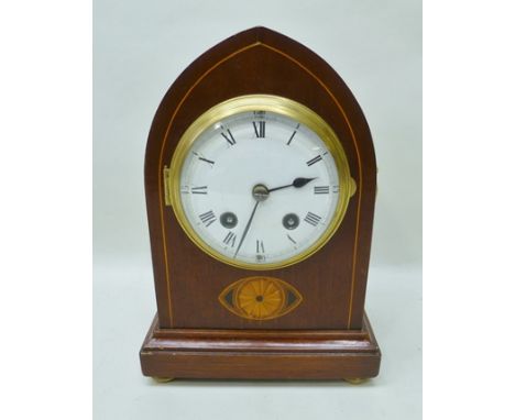 A LATE 19TH CENTURY MAHOGANY LANCET SHAPED CLOCK, having patera inlaid case with brass side handles, enamel dial with Contine