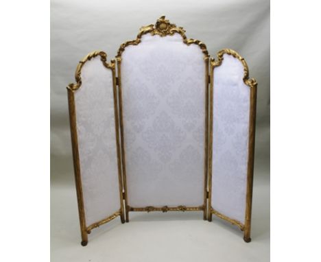 A 19TH CENTURY FRENCH ROCOCO DESIGN CARVED GILT WOOD THREE-FOLD BOUDOIR SCREEN (replacement damask), height of central panel,