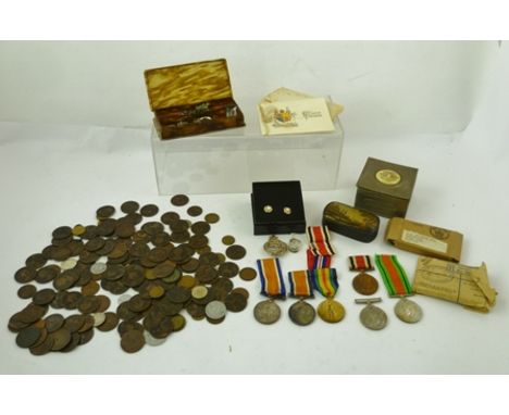 A COLLECTION OF ASSORTED ITEMS, includes Military Medals, a 19th century papier mache Snuff Box, Costume Jewellery, a hallmar