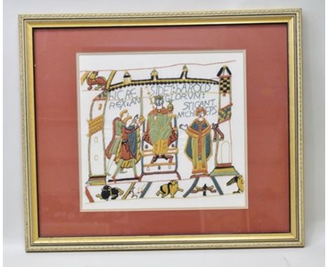 A 20TH CENTURY HAND EMBROIDERED PANEL showing a section of the Bayeux Tapestry, depicting the Coronation and Enthronement of 
