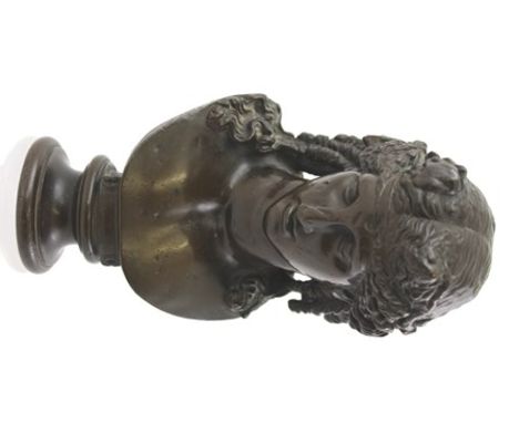 A LATE 19TH CENTURY FRENCH BRONZE BUST OF A CLASSICAL WOMAN, her hair tied up, raised on socle base, inscribed "F. Barbedienn