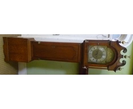 JAB STOCK OF LONDON A PART 19TH CENTURY OAK AND MAHOGANY CROSSBANDED LONGCASE CLOCK having swan neck hood with three finials,