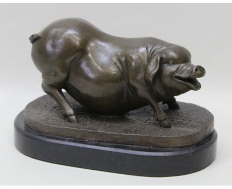 A 20TH CENTURY CAST PATINATED BRONZE PIG, in the manner of Barye, bears name to base, raised on polished marble plinth, overa