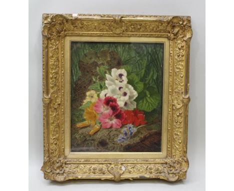 THOMAS WORSEY (1829-1875) "Spring Flowers on a Tree Stump" Oil painting on panel, signed and dated 1858, 30cm x 24cm, in orna
