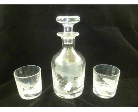 A STUART CRYSTAL "STRATHEARN" DECANTER AND STOPPER, and a PAIR OF MATCHING GLASSES, all etched with leaping salmon, decanter 