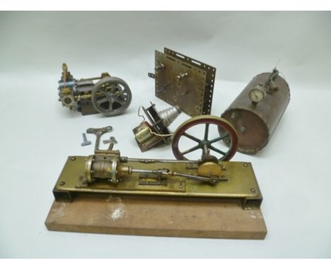 A SELECTION OF ITEMS to include a Meccano no. 2 clockwork motor, a scratch built double piston engine, another part horizonta