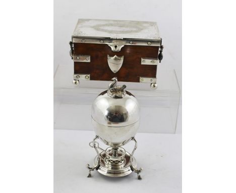 A LATE VICTORIAN OAK AND SILVER PLATED CASKET TYPE TEA CADDY, with blind shield plate to front, side carrying handles, hinged