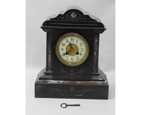 A LATE 19TH CENTURY BLACK SLATE MANTEL CLOCK, dial with Arabic numerals, 32cm high 