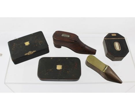 A 19TH CENTURY MAHOGANY SHOE FORM SNUFF BOX, with decorative hammered nail decoration, 11cm, together with FOUR OTHER SNUFF B