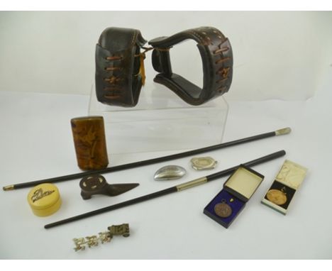 A 19TH CENTURY PIN DECORATED WOODEN SHOE SNUFF BOX, a tortoiseshell effect CIGAR HOLDER, SWAGGER STICK, CONDUCTOR'S BATON, a 