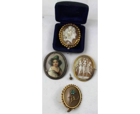 TWO CLASSICAL LATE VICTORIAN CAMEO BROOCHES, one depicts "The Three Graces", the other a beautiful woman in profile, fruiting