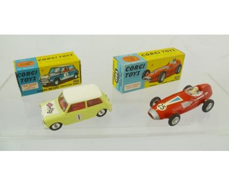 CORGI TOYS MORRIS MINI COOPER COMPETITION MODEL, yellow/white, No.227 together with Corgi Toys Vanwall Formula 1 Grand Prix R