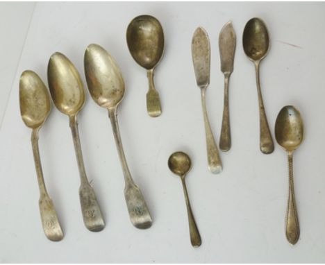 A MISCELLANY OF SILVER FLATWARE comprising; three fiddle pattern dessert spoons, two butter knives, two salt spoons and a cad