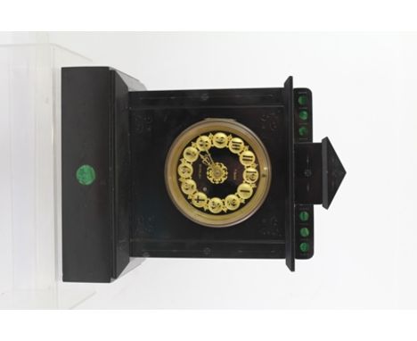 A LATE VICTORIAN BLACK SLATE MANTEL CLOCK, having inlaid malachite decoration, 8-day chiming movement, the dial inscribed "T.