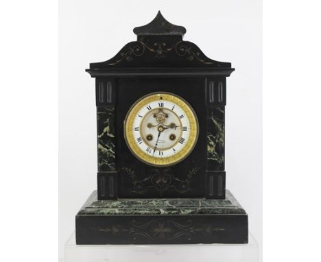 A VICTORIAN BLACK SLATE MANTEL CLOCK, inset with green veined marble, with Roman enumerated white enamelled dial, inscribed "