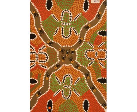 20th Century Australian School, oil on canvas, Two aboriginal paintings depicting dot work ants and a long necked tortoise, b