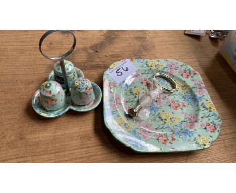 Sale Item:    SHELLEY MELODY CAKE STAND &amp; CONDIMENTS  Vat Status:   No Vat   Buyers Premium:  This lot is subject to a B