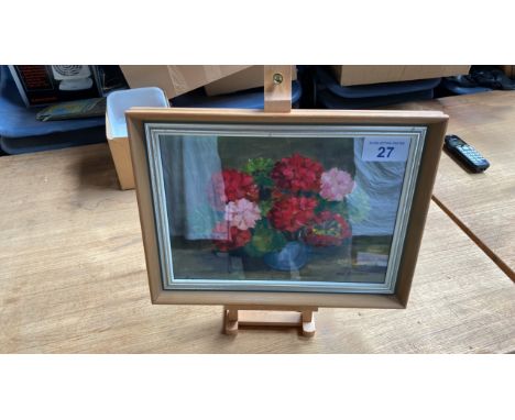  Sale Item:    OIL PAINTING- GERANIUMS BY MAY BUCHANAN -ON EASEL  Vat Status:   No Vat   Buyers Premium:  This lot is subject
