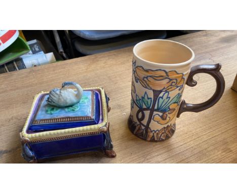  Sale Item:    ROYAL CAULDON TANKARD &amp; MAJOLICA DISH (AF)  Vat Status:   No Vat   Buyers Premium:  This lot is subject to