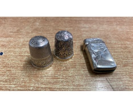  Sale Item:    2 SILVER THIMBLES &amp; SMALL SILVER VESTA CASE (AF)  Vat Status:   No Vat   Buyers Premium:  This lot is subj