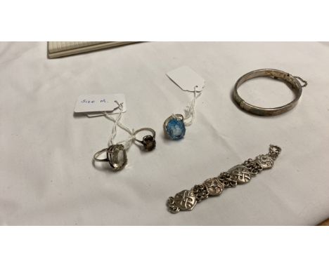  Sale Item:    ASSORTED SILVER -BANGLE BRACELET &amp; 3 RINGS- 2x M 1 x K  Vat Status:   No Vat   Buyers Premium:  This lot i