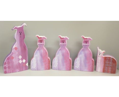 Five Royal Worcester Flat Mates dog figures; Hector, Bella x3 and Sadie