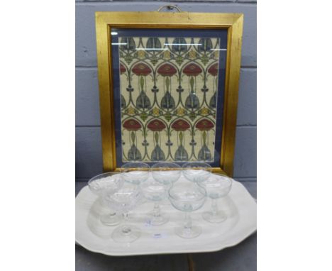 Two unmarked Spode plates - a meat dish and another, together with cut glass and a framed piece of Art Nouveau style fabric *