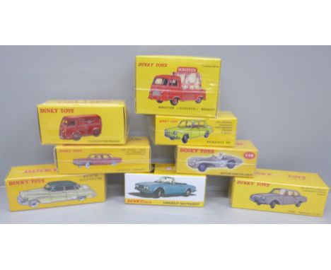 Eight boxed and sealed Dinky Toys, Norev France issues, model numbers: 559, 24V, 552, 517, 423, 564, 110 and 254BR