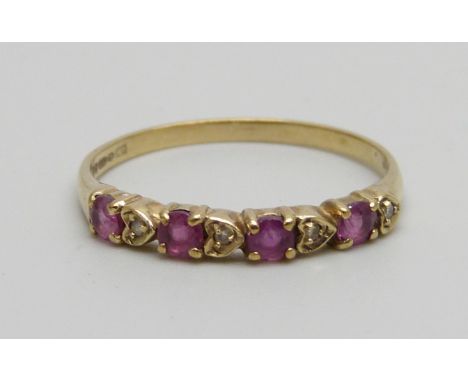 A 9ct gold ruby and diamond ring, 1.1g, O