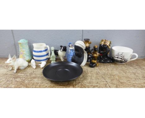 A Shelley dripware vase, a Poole matchbox holder, Beswick pigs, a/f, a large Portmeirion cup and saucer, etc. **PLEASE NOTE T