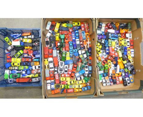 Three boxes of die-cast model vehicles including Hot Wheels 