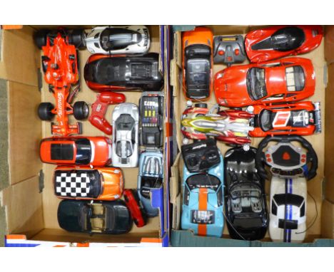 Two boxes of model vehicles, Burago, Welly, Beanstalk Group and remote control cars