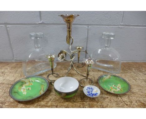 A silver plate epergne, a pair of Kvosno glass decanters, a Japanese trio and a Japanses dish **PLEASE NOTE THIS LOT IS NOT E