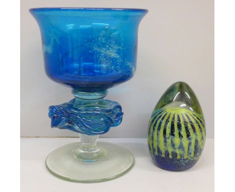 A Mdina glass paperweight and a Mdina goblet shaped vase, 19cm