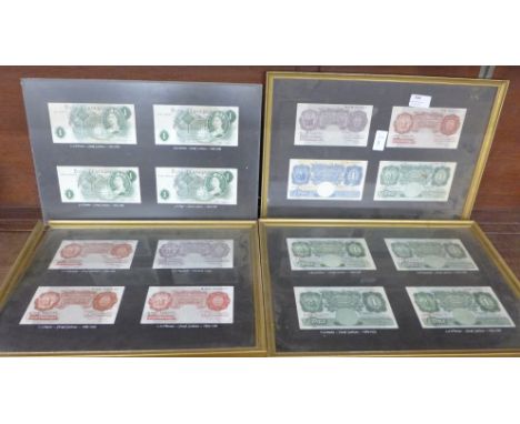 Sixteen banknotes, £1 and 10 shillings, framed and mounted, Chief Cashiers include B G Catterns, K O Peppiatt