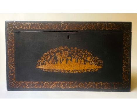 COLONIAL TRUNK, 58cm D x 52cm H x 92cm W, early 19th century Anglo Colonial, black and gilt painted, with palm tree shaded fi