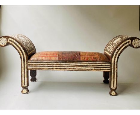 WINDOW SEAT, 193cm W, Moorish bone inlaid and silvered metal mounted, with scroll arms and hand painted leather patch seat. 