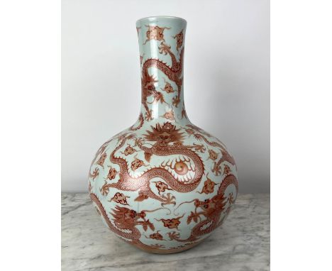 CHINESE DRAGON BOTTLE VASE, of good size, orange and white ceramic, 55cm H. 