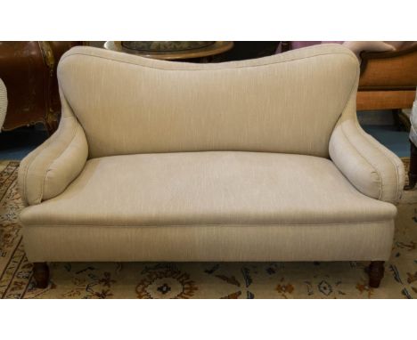 SOFA, 76cm H x 140cm W, 19th century manner mahogany in taupe fabric. 
