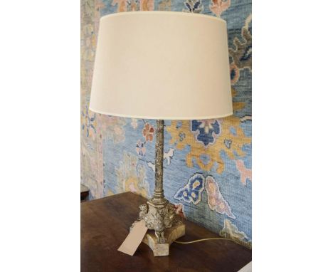 TABLE LAMP, 82cm H including shade decorative metal Corinthian column with foliate detail with triform base with lion base. 