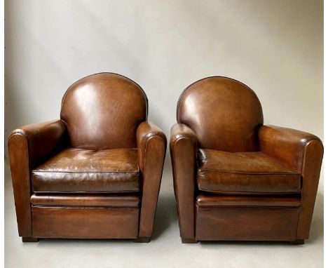 CLUB ARMCHAIRS, a pair French Art Deco style, hand dyed leaf brown leather, 76cm W. (2) 